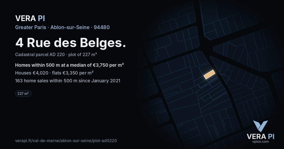 4 Rue des Belges, Ablon-sur-Seine at night – the plot lit, the parcels around coloured by the prices near them
