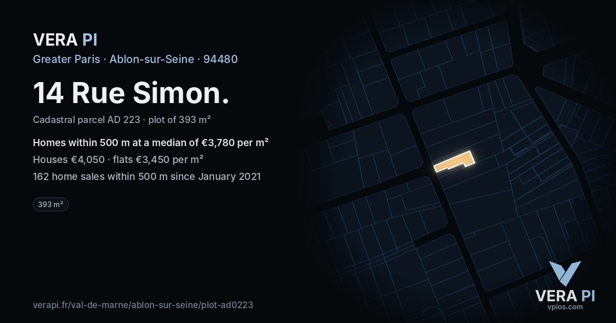14 Rue Simon, Ablon-sur-Seine at night – the plot lit, the parcels around coloured by the prices near them