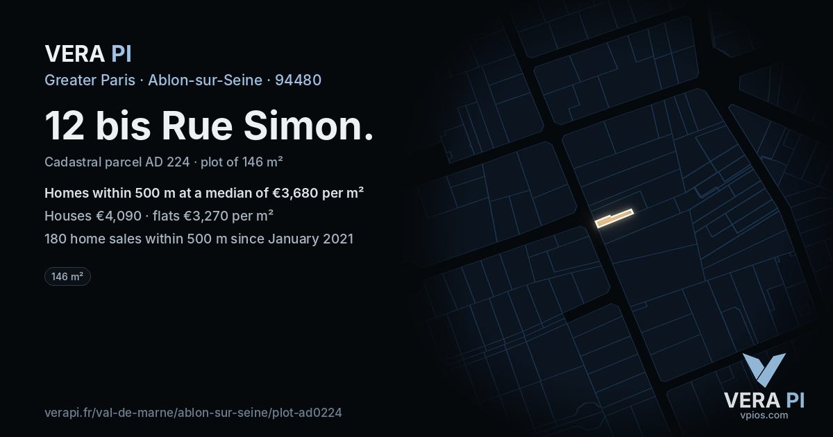 12 bis Rue Simon, Ablon-sur-Seine at night – the plot lit, the parcels around coloured by the prices near them