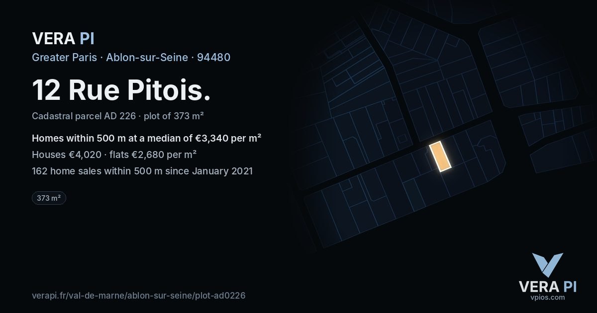 12 Rue Pitois, Ablon-sur-Seine at night – the plot lit, the parcels around coloured by the prices near them