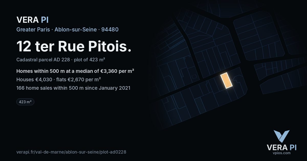 12 ter Rue Pitois, Ablon-sur-Seine at night – the plot lit, the parcels around coloured by the prices near them
