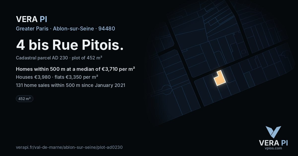 4 bis Rue Pitois, Ablon-sur-Seine at night – the plot lit, the parcels around coloured by the prices near them