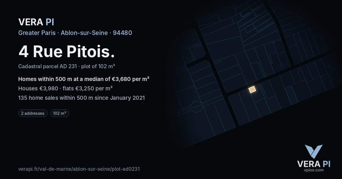 4 Rue Pitois, Ablon-sur-Seine at night – the plot lit, the parcels around coloured by the prices near them