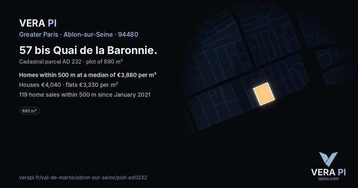 57 bis Quai de la Baronnie, Ablon-sur-Seine at night – the plot lit, the parcels around coloured by the prices near them