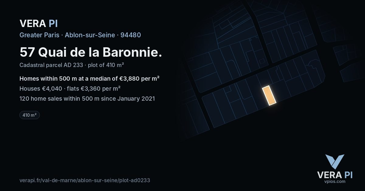 57 Quai de la Baronnie, Ablon-sur-Seine at night – the plot lit, the parcels around coloured by the prices near them