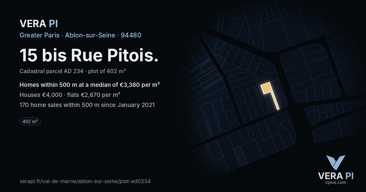 15 bis Rue Pitois, Ablon-sur-Seine at night – the plot lit, the parcels around coloured by the prices near them