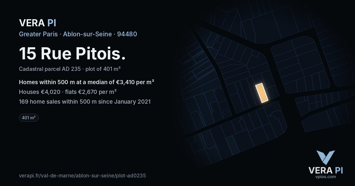 15 Rue Pitois, Ablon-sur-Seine at night – the plot lit, the parcels around coloured by the prices near them