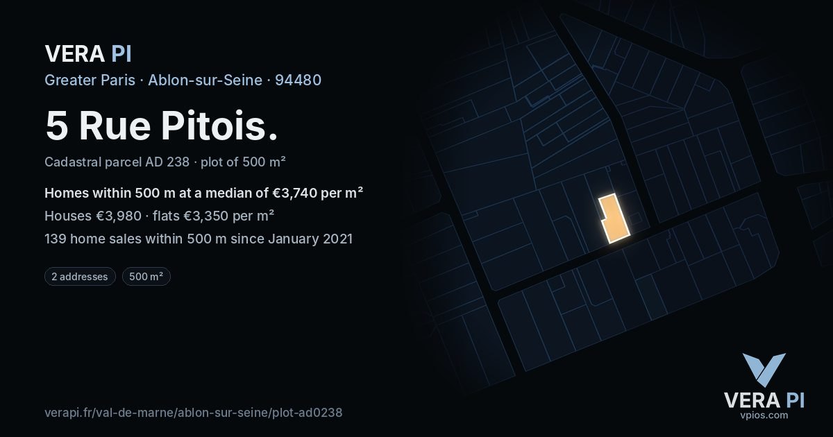 5 Rue Pitois, Ablon-sur-Seine at night – the plot lit, the parcels around coloured by the prices near them