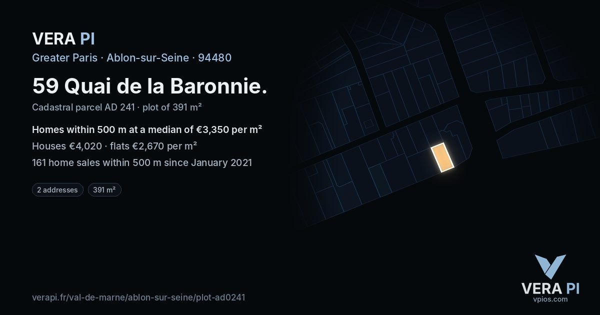 59 Quai de la Baronnie, Ablon-sur-Seine at night – the plot lit, the parcels around coloured by the prices near them