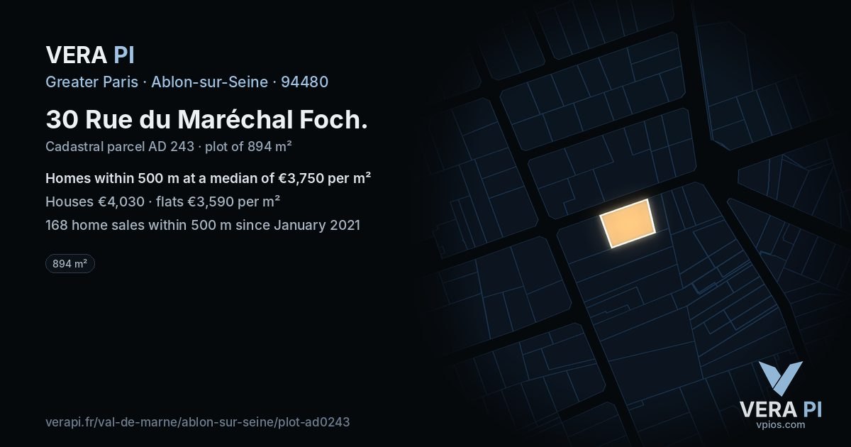 30 Rue du Maréchal Foch, Ablon-sur-Seine at night – the plot lit, the parcels around coloured by the prices near them