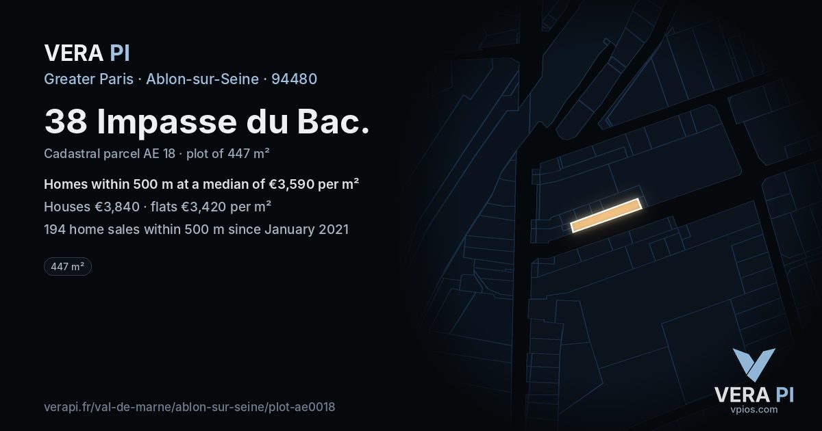 38 Impasse du Bac, Ablon-sur-Seine at night – the plot lit, the parcels around coloured by the prices near them