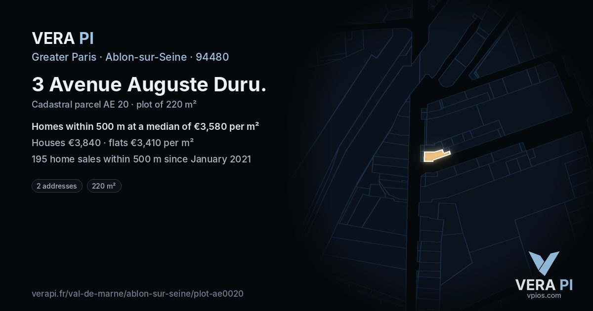 3 Avenue Auguste Duru, Ablon-sur-Seine at night – the plot lit, the parcels around coloured by the prices near them