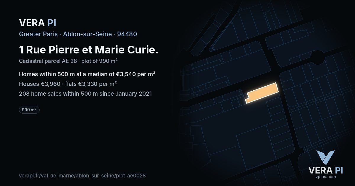 1 Rue Pierre et Marie Curie, Ablon-sur-Seine at night – the plot lit, the parcels around coloured by the prices near them