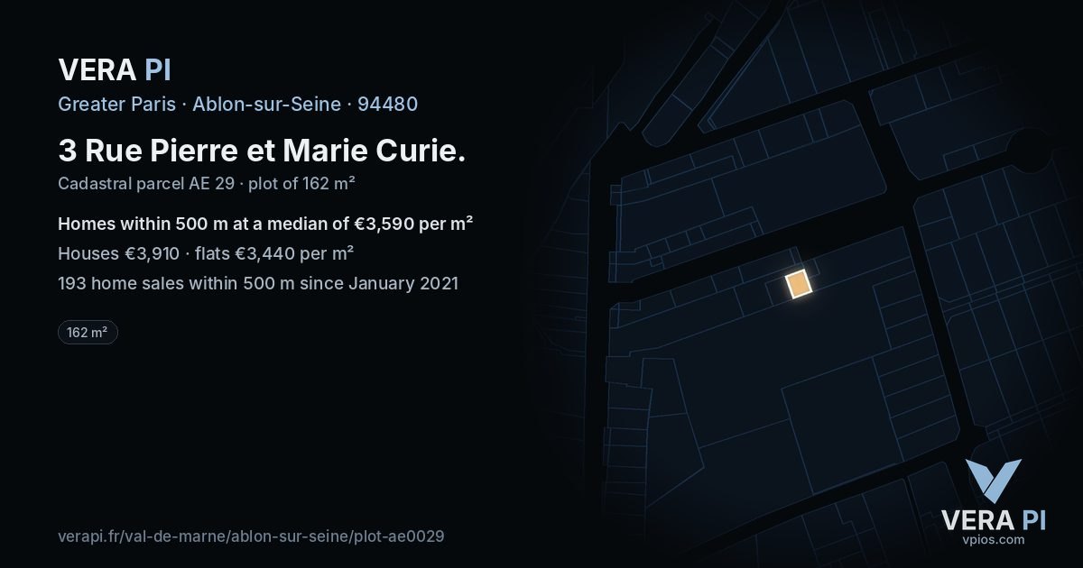 3 Rue Pierre et Marie Curie, Ablon-sur-Seine at night – the plot lit, the parcels around coloured by the prices near them