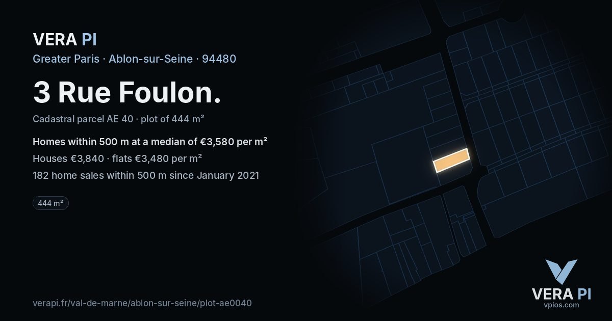 3 Rue Foulon, Ablon-sur-Seine at night – the plot lit, the parcels around coloured by the prices near them