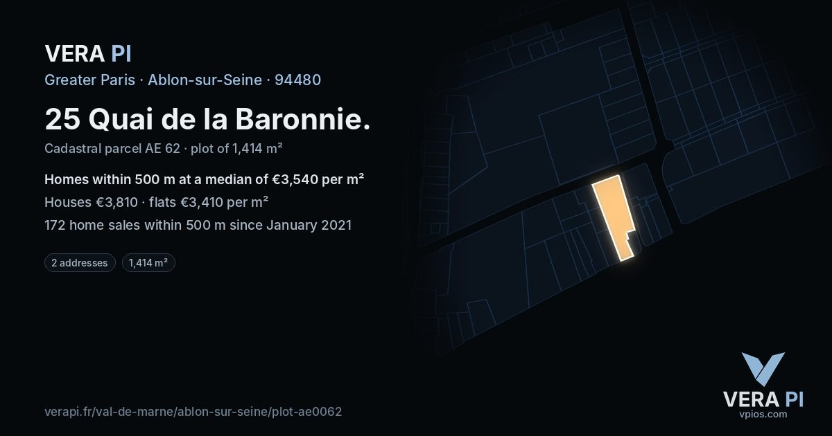 25 Quai de la Baronnie, Ablon-sur-Seine at night – the plot lit, the parcels around coloured by the prices near them