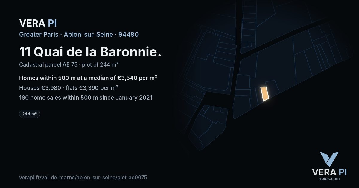 11 Quai de la Baronnie, Ablon-sur-Seine at night – the plot lit, the parcels around coloured by the prices near them