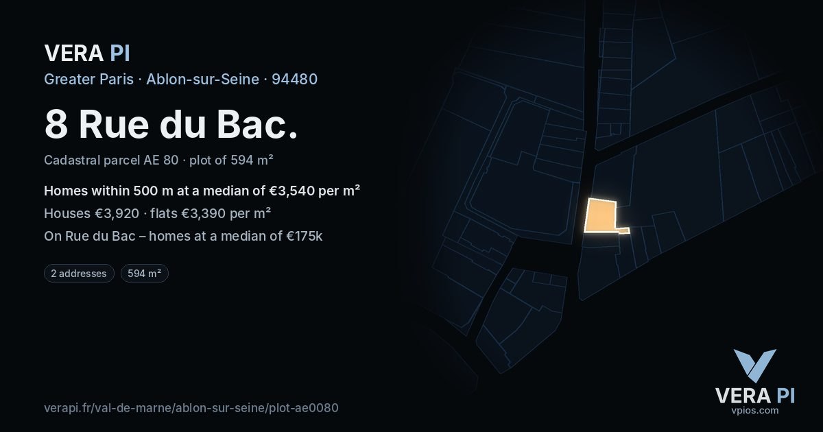 8 Rue du Bac, Ablon-sur-Seine at night – the plot lit, the parcels around coloured by the prices near them