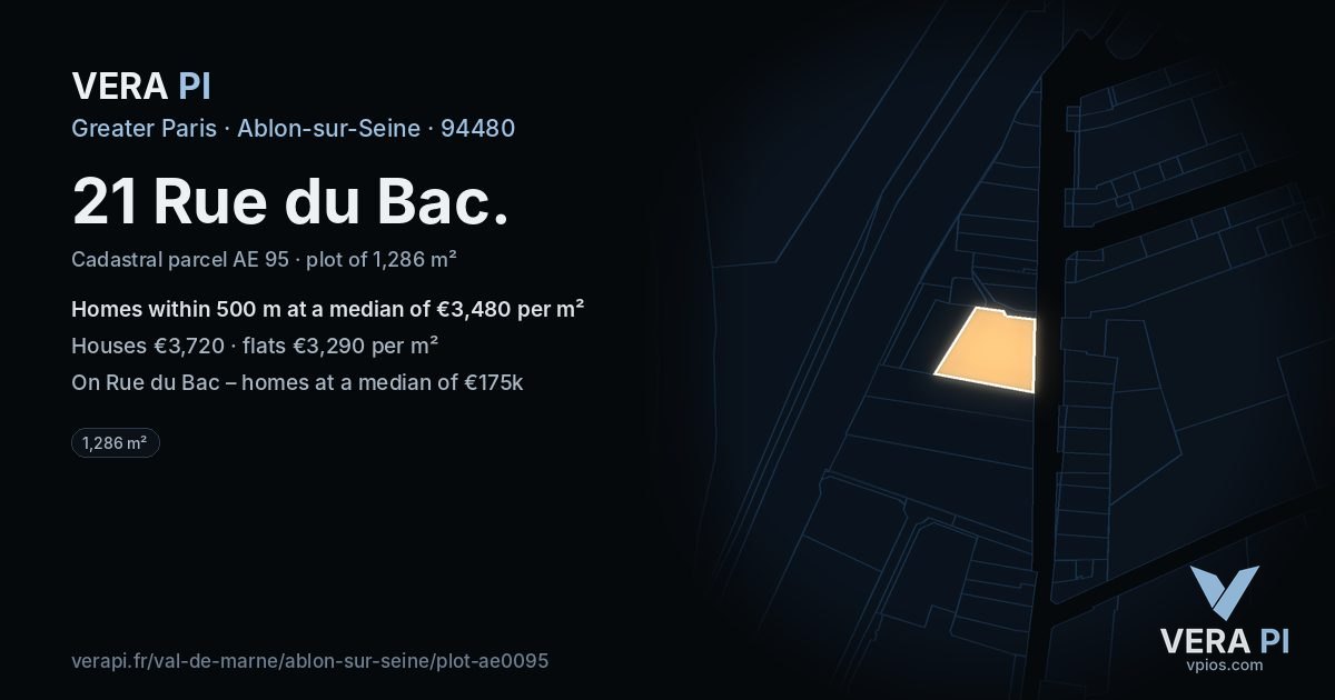 21 Rue du Bac, Ablon-sur-Seine at night – the plot lit, the parcels around coloured by the prices near them
