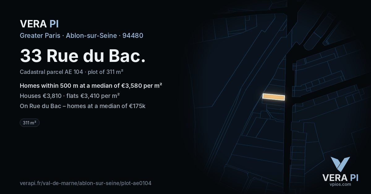 33 Rue du Bac, Ablon-sur-Seine at night – the plot lit, the parcels around coloured by the prices near them