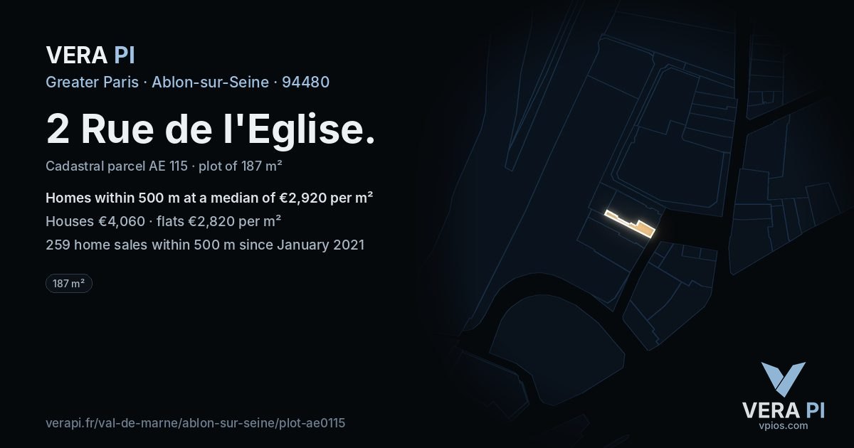 2 Rue de l'Eglise, Ablon-sur-Seine at night – the plot lit, the parcels around coloured by the prices near them