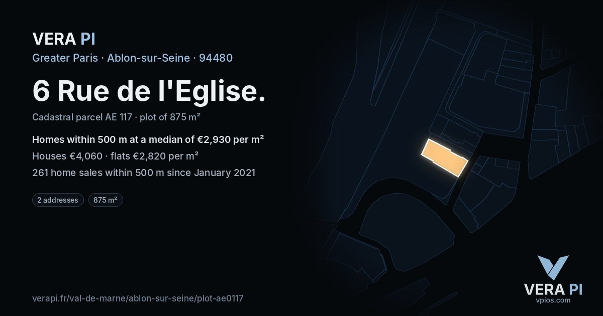 6 Rue de l'Eglise, Ablon-sur-Seine at night – the plot lit, the parcels around coloured by the prices near them