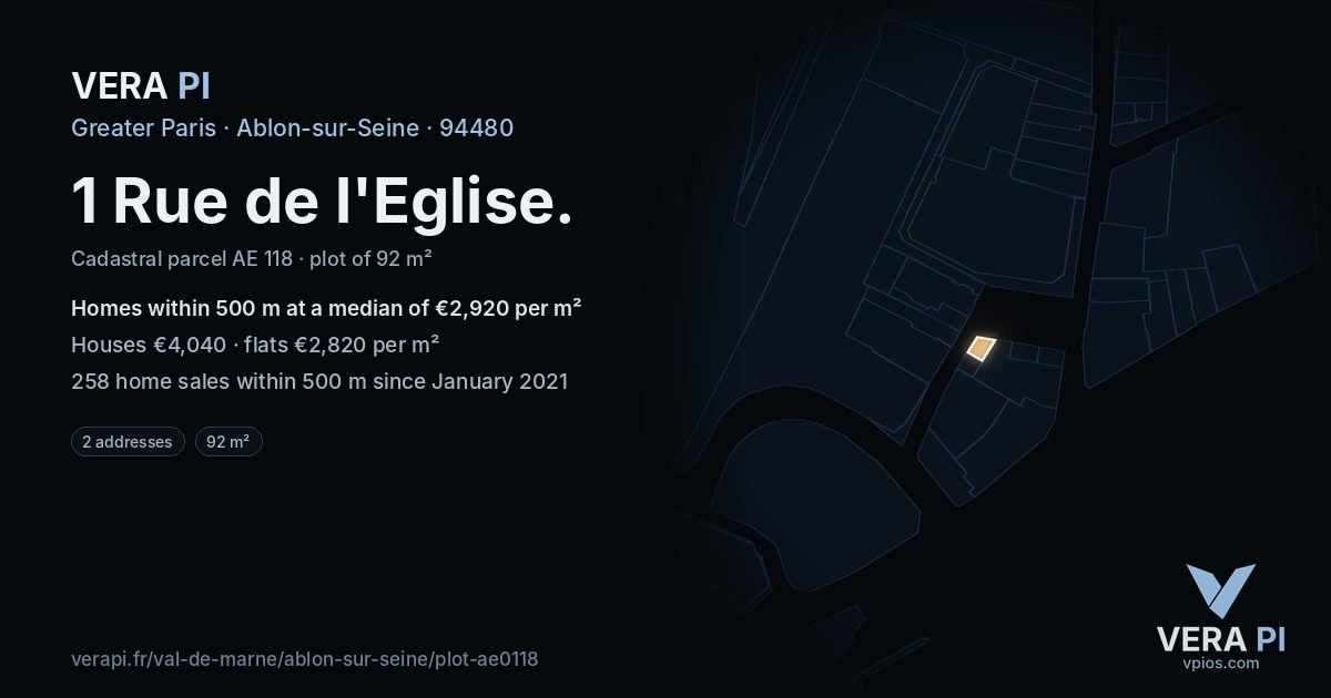 1 Rue de l'Eglise, Ablon-sur-Seine at night – the plot lit, the parcels around coloured by the prices near them