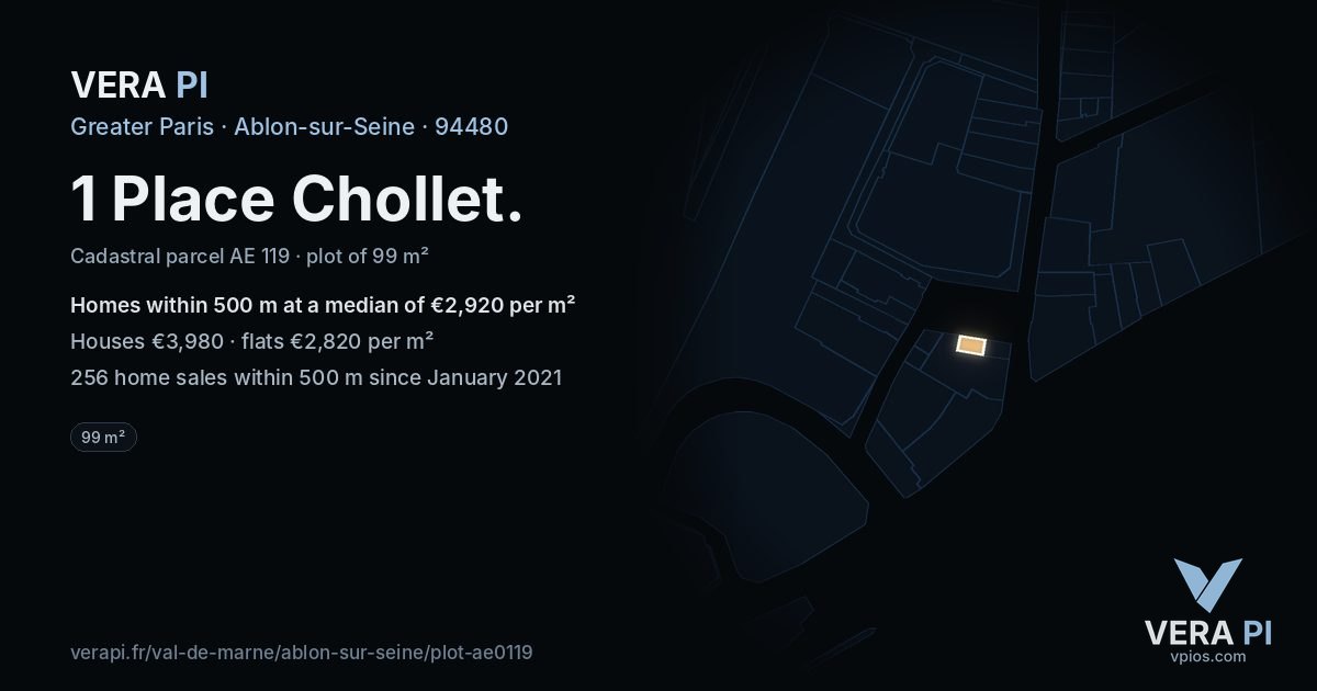 1 Place Chollet, Ablon-sur-Seine at night – the plot lit, the parcels around coloured by the prices near them