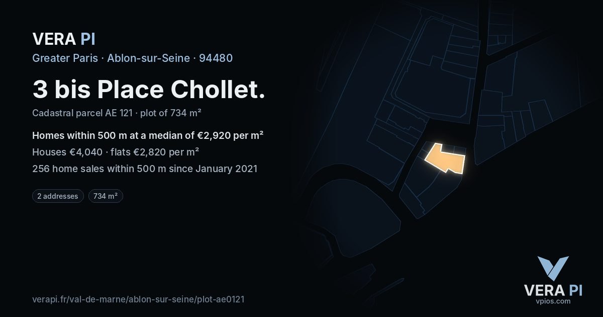 3 bis Place Chollet, Ablon-sur-Seine at night – the plot lit, the parcels around coloured by the prices near them