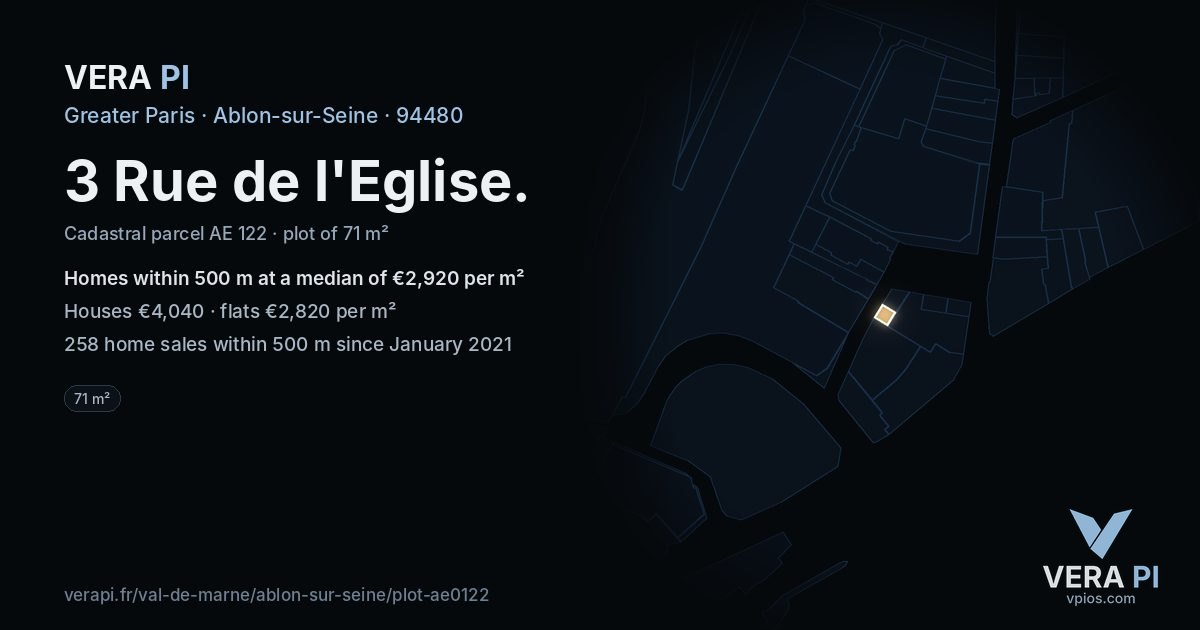 3 Rue de l'Eglise, Ablon-sur-Seine at night – the plot lit, the parcels around coloured by the prices near them