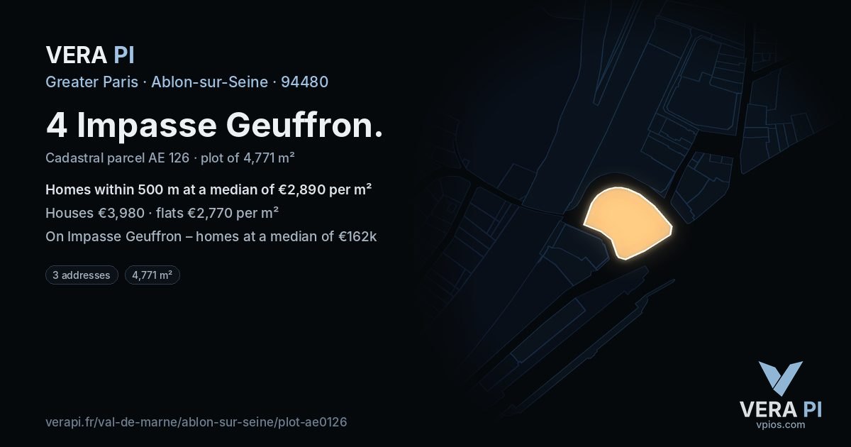 4 Impasse Geuffron, Ablon-sur-Seine at night – the plot lit, the parcels around coloured by the prices near them