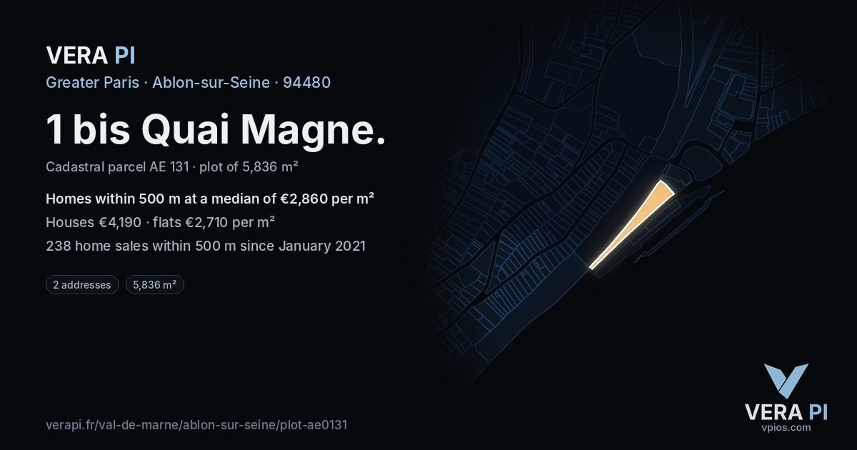 1 bis Quai Magne, Ablon-sur-Seine at night – the plot lit, the parcels around coloured by the prices near them