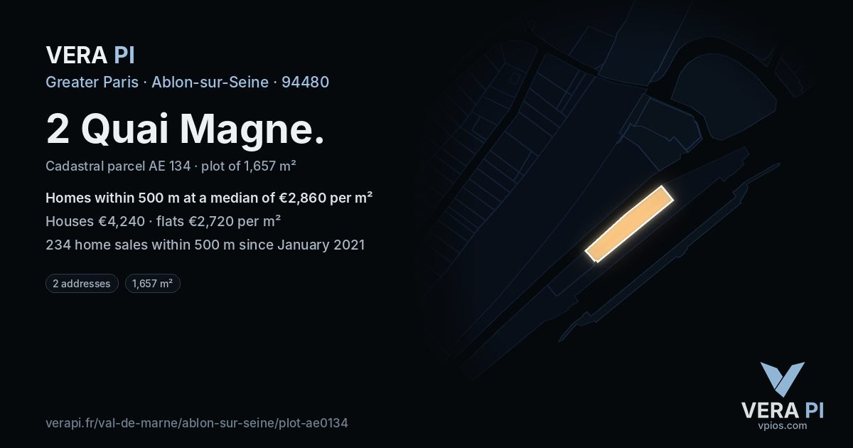 2 Quai Magne, Ablon-sur-Seine at night – the plot lit, the parcels around coloured by the prices near them