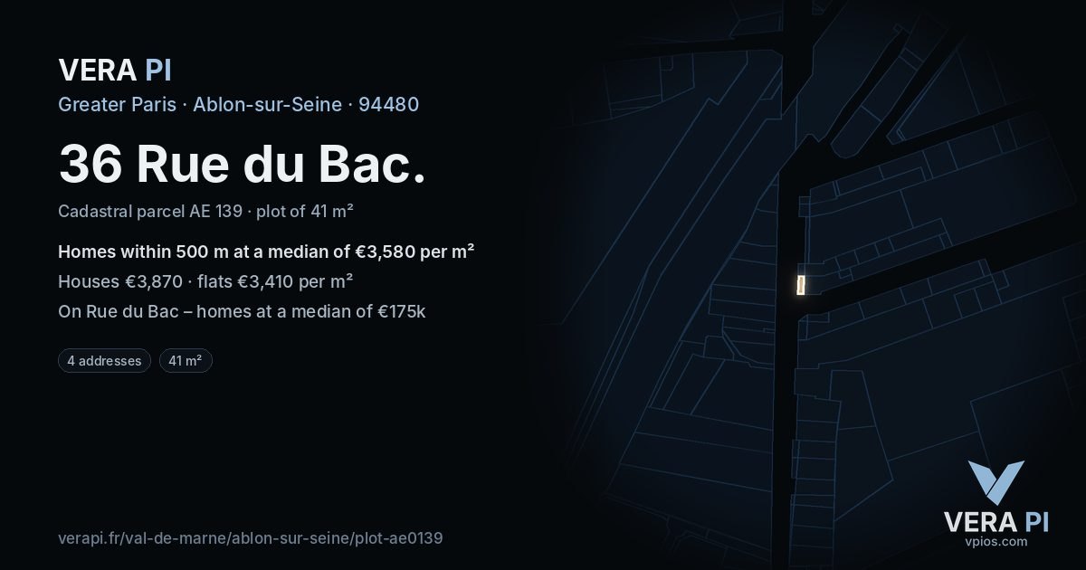 36 Rue du Bac, Ablon-sur-Seine at night – the plot lit, the parcels around coloured by the prices near them