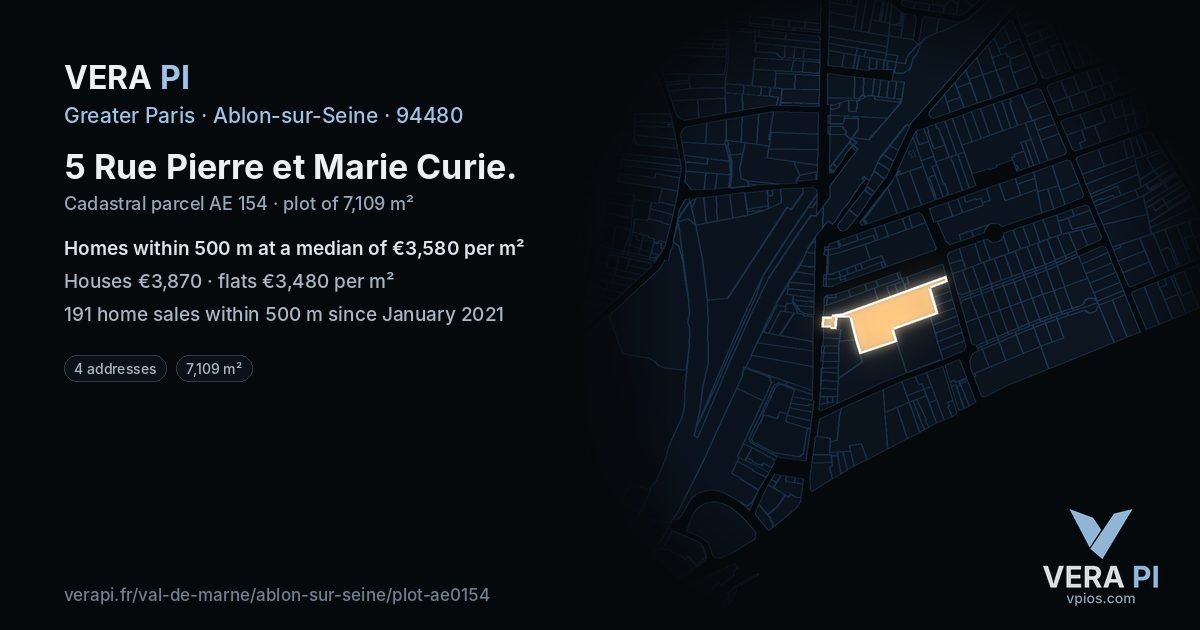 5 Rue Pierre et Marie Curie, Ablon-sur-Seine at night – the plot lit, the parcels around coloured by the prices near them