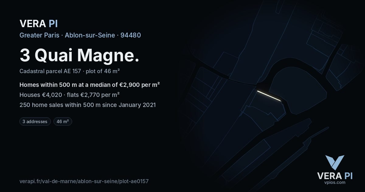 3 Quai Magne, Ablon-sur-Seine at night – the plot lit, the parcels around coloured by the prices near them