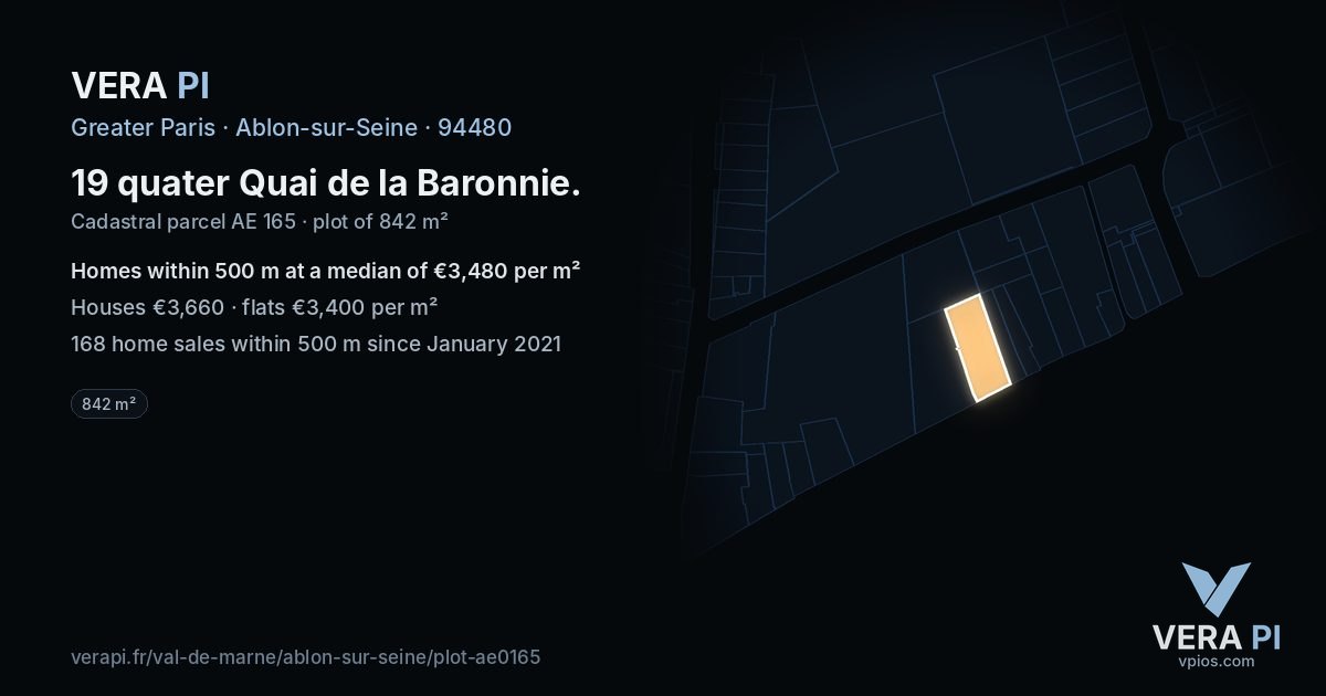 19 quater Quai de la Baronnie, Ablon-sur-Seine at night – the plot lit, the parcels around coloured by the prices near them