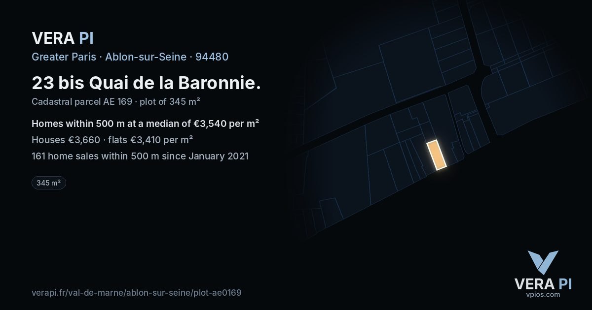 23 bis Quai de la Baronnie, Ablon-sur-Seine at night – the plot lit, the parcels around coloured by the prices near them
