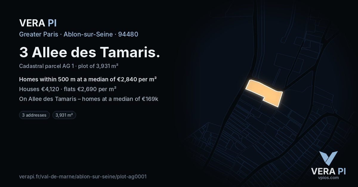 3 Allee des Tamaris, Ablon-sur-Seine at night – the plot lit, the parcels around coloured by the prices near them