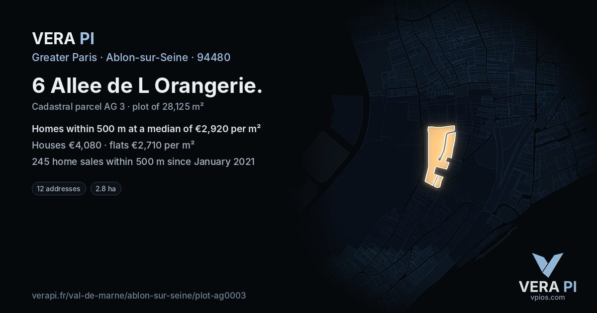 6 Allee de L Orangerie, Ablon-sur-Seine at night – the plot lit, the parcels around coloured by the prices near them