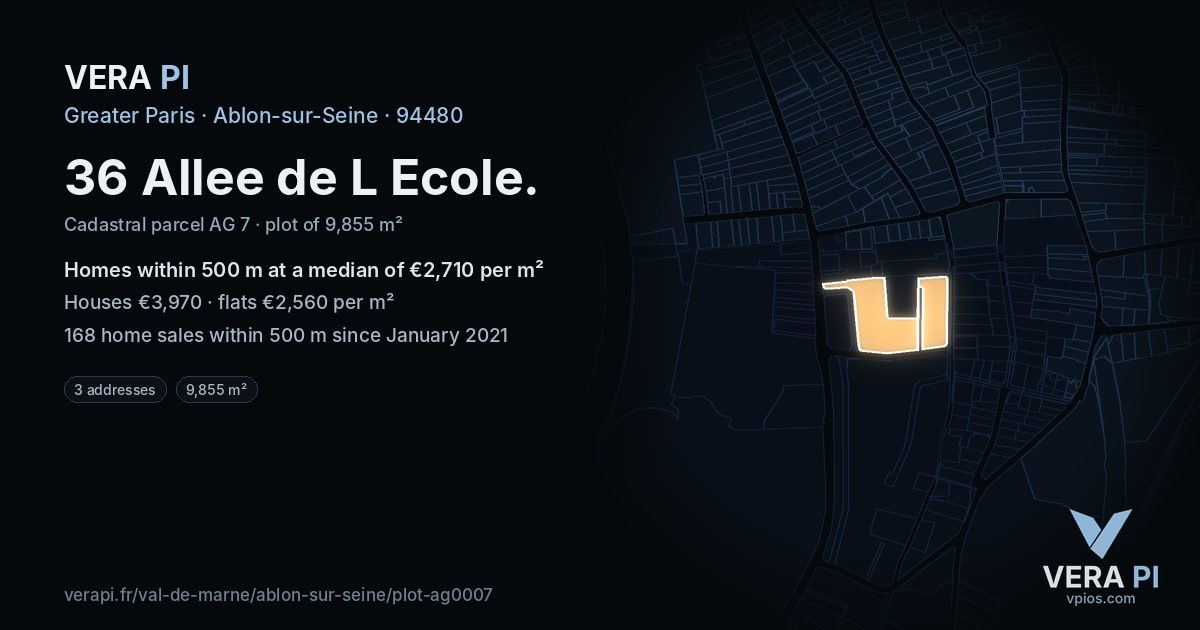36 Allee de L Ecole, Ablon-sur-Seine at night – the plot lit, the parcels around coloured by the prices near them