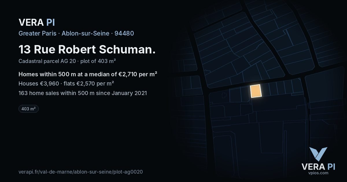 13 Rue Robert Schuman, Ablon-sur-Seine at night – the plot lit, the parcels around coloured by the prices near them