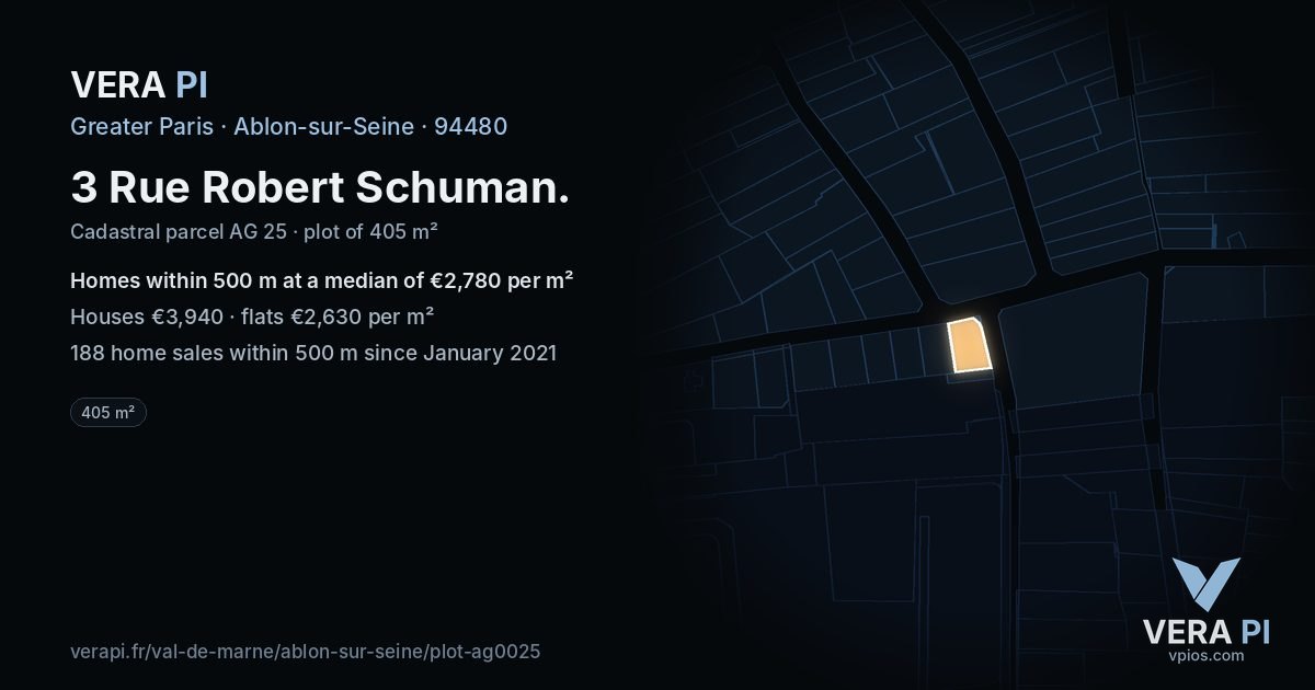 3 Rue Robert Schuman, Ablon-sur-Seine at night – the plot lit, the parcels around coloured by the prices near them