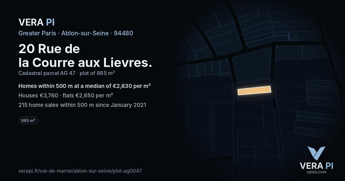 20 Rue de la Courre aux Lievres, Ablon-sur-Seine at night – the plot lit, the parcels around coloured by the prices near them