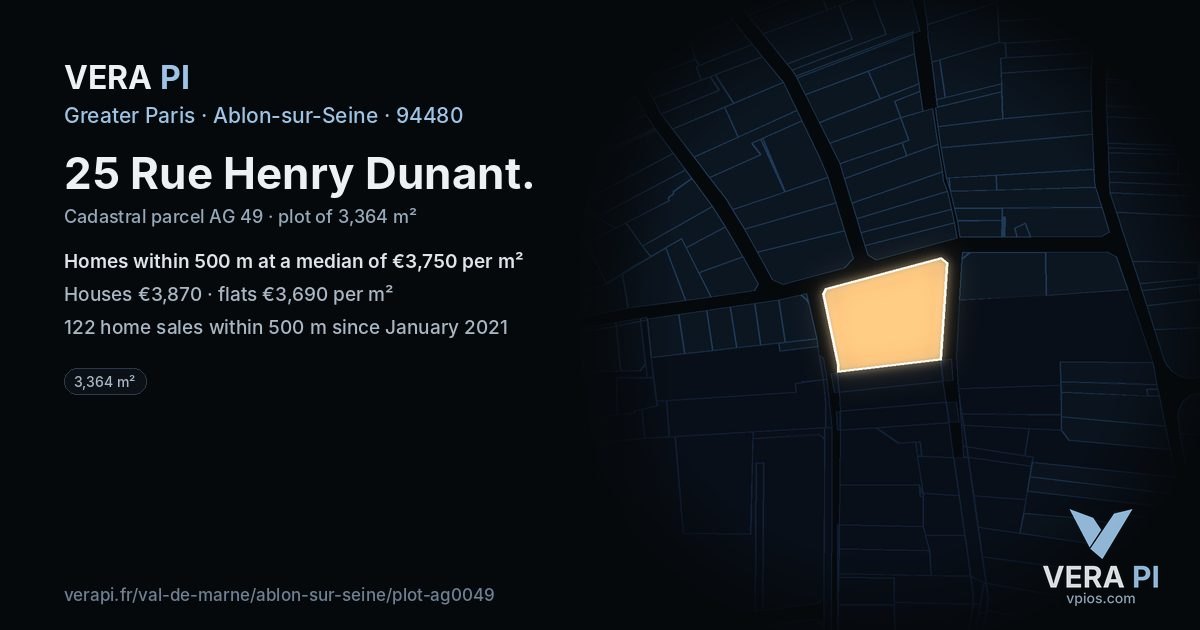 25 Rue Henry Dunant, Ablon-sur-Seine at night – the plot lit, the parcels around coloured by the prices near them
