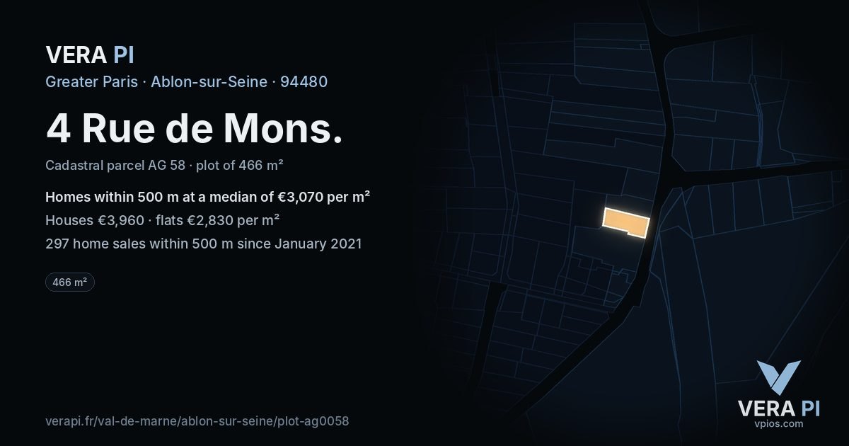 4 Rue de Mons, Ablon-sur-Seine at night – the plot lit, the parcels around coloured by the prices near them