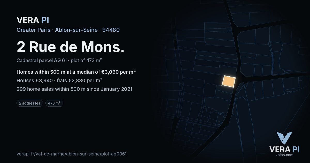2 Rue de Mons, Ablon-sur-Seine at night – the plot lit, the parcels around coloured by the prices near them