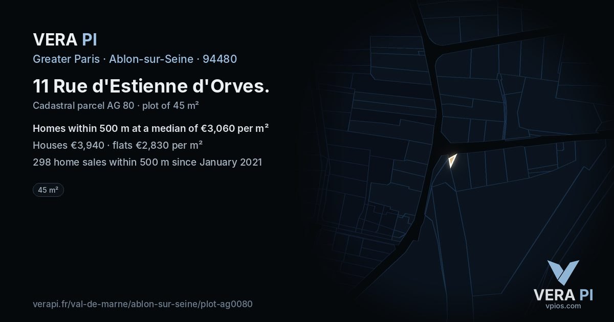 11 Rue d'Estienne d'Orves, Ablon-sur-Seine at night – the plot lit, the parcels around coloured by the prices near them