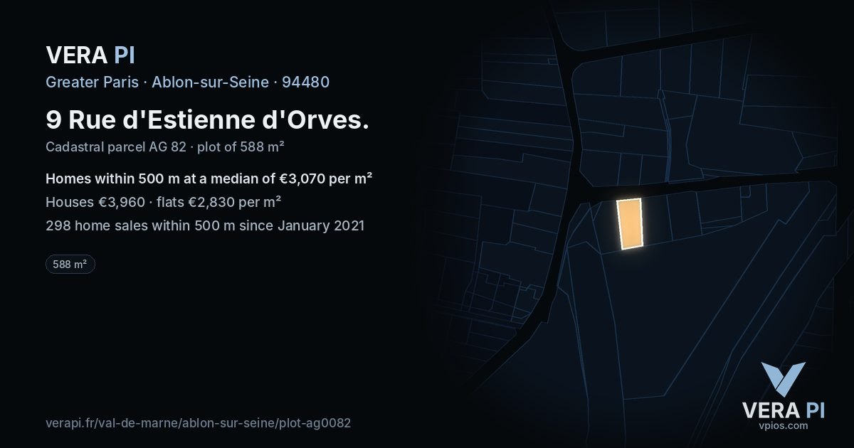 9 Rue d'Estienne d'Orves, Ablon-sur-Seine at night – the plot lit, the parcels around coloured by the prices near them