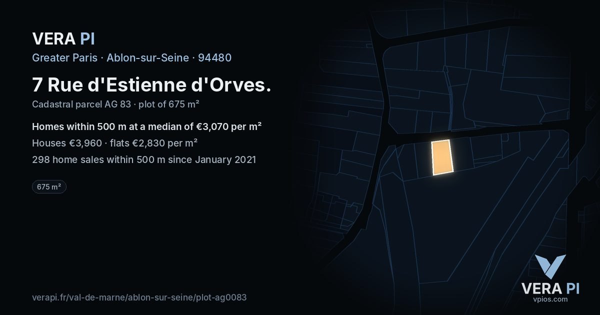 7 Rue d'Estienne d'Orves, Ablon-sur-Seine at night – the plot lit, the parcels around coloured by the prices near them